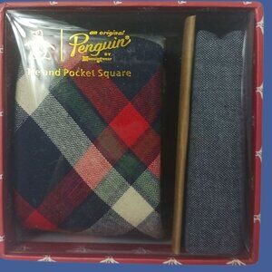 Penguin 2Pcs  Plaid Tie & Pocket Square Gift Set Red/Blue